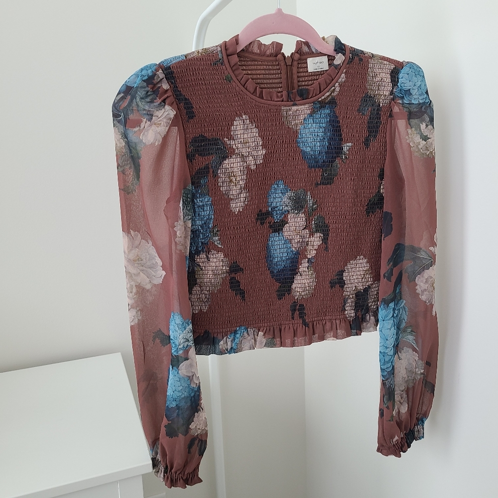 Aritzia Floral Smocked Long-Sleeve Blouse in Mauve with Blue and Cream Flowers